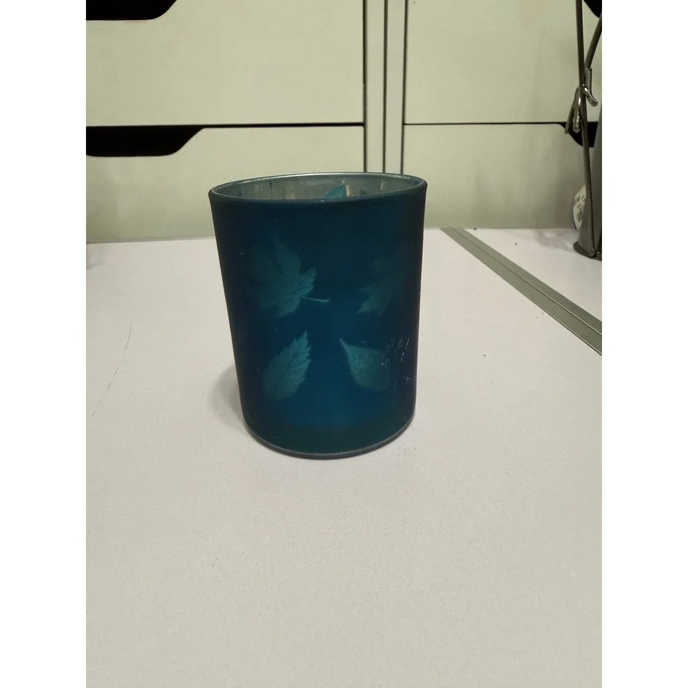 Teal Blue Glass Leaf Votive‎ Candle Holder 3 Inch Mercury Style